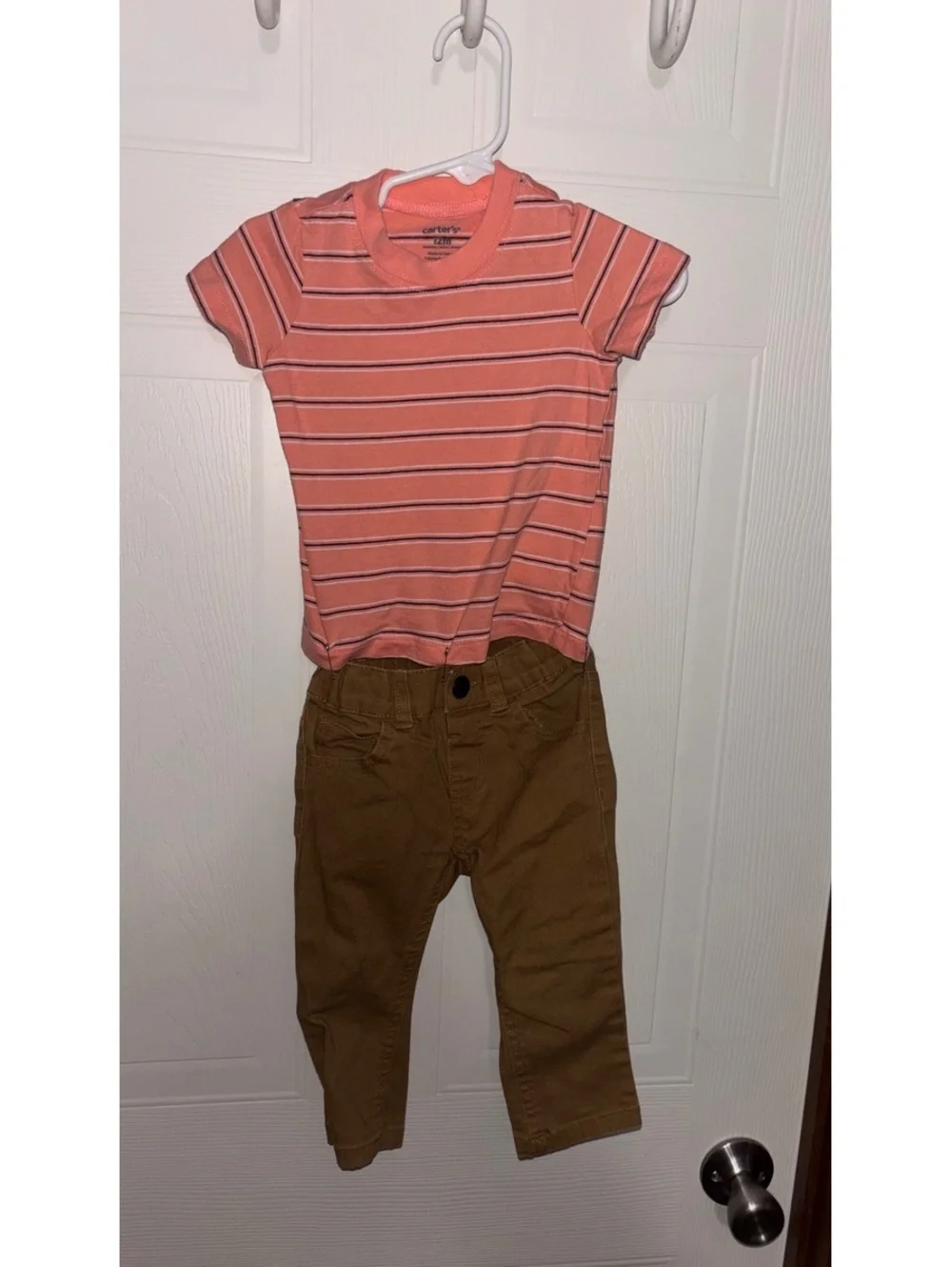Carter's Toddler Outfit - Striped Coral T-Shirt and Brown Pants Size 12M